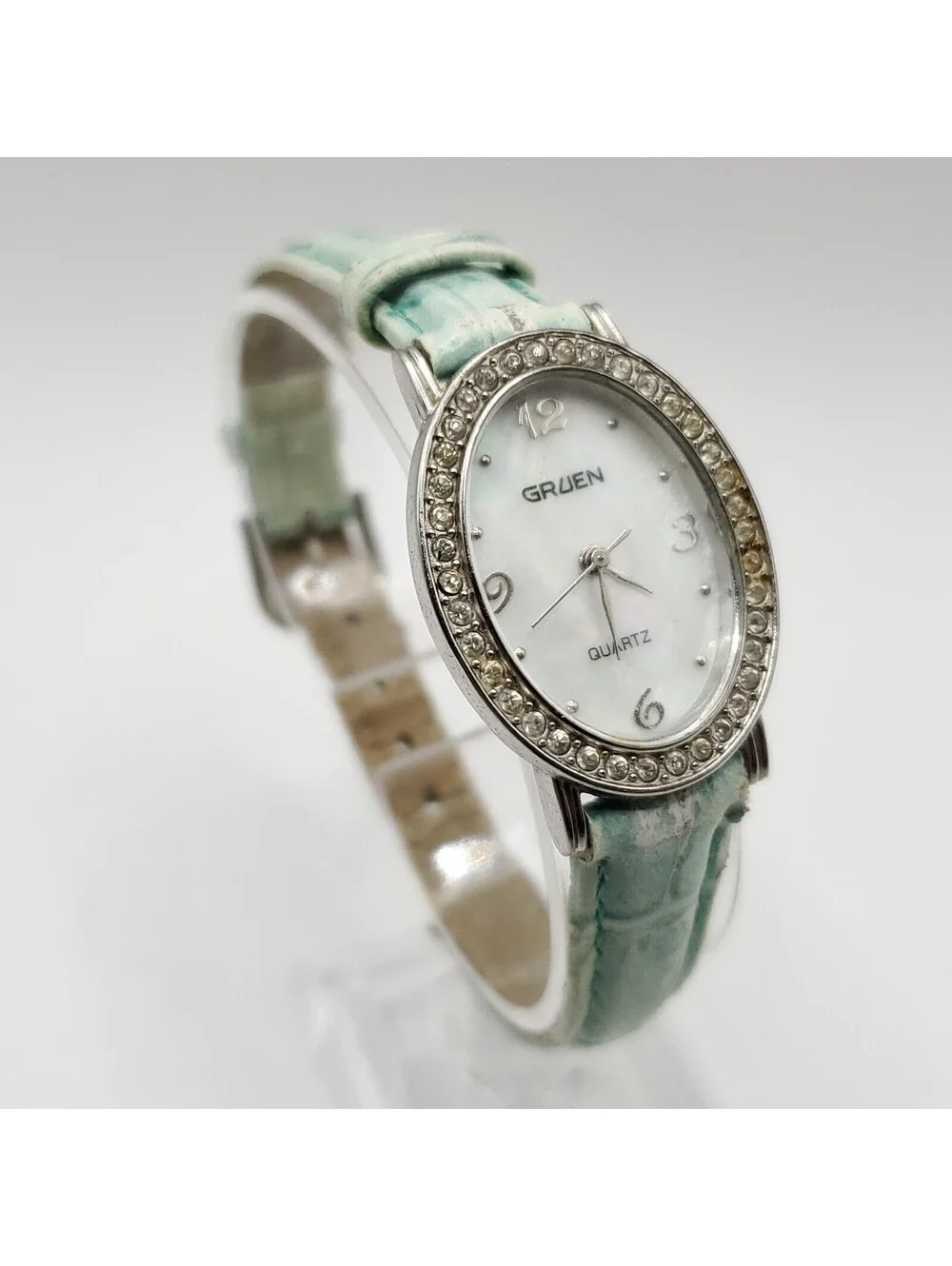 Gruen Rhinestone Bezel MOP Dial Womens Watch 24mm Oval New Battery